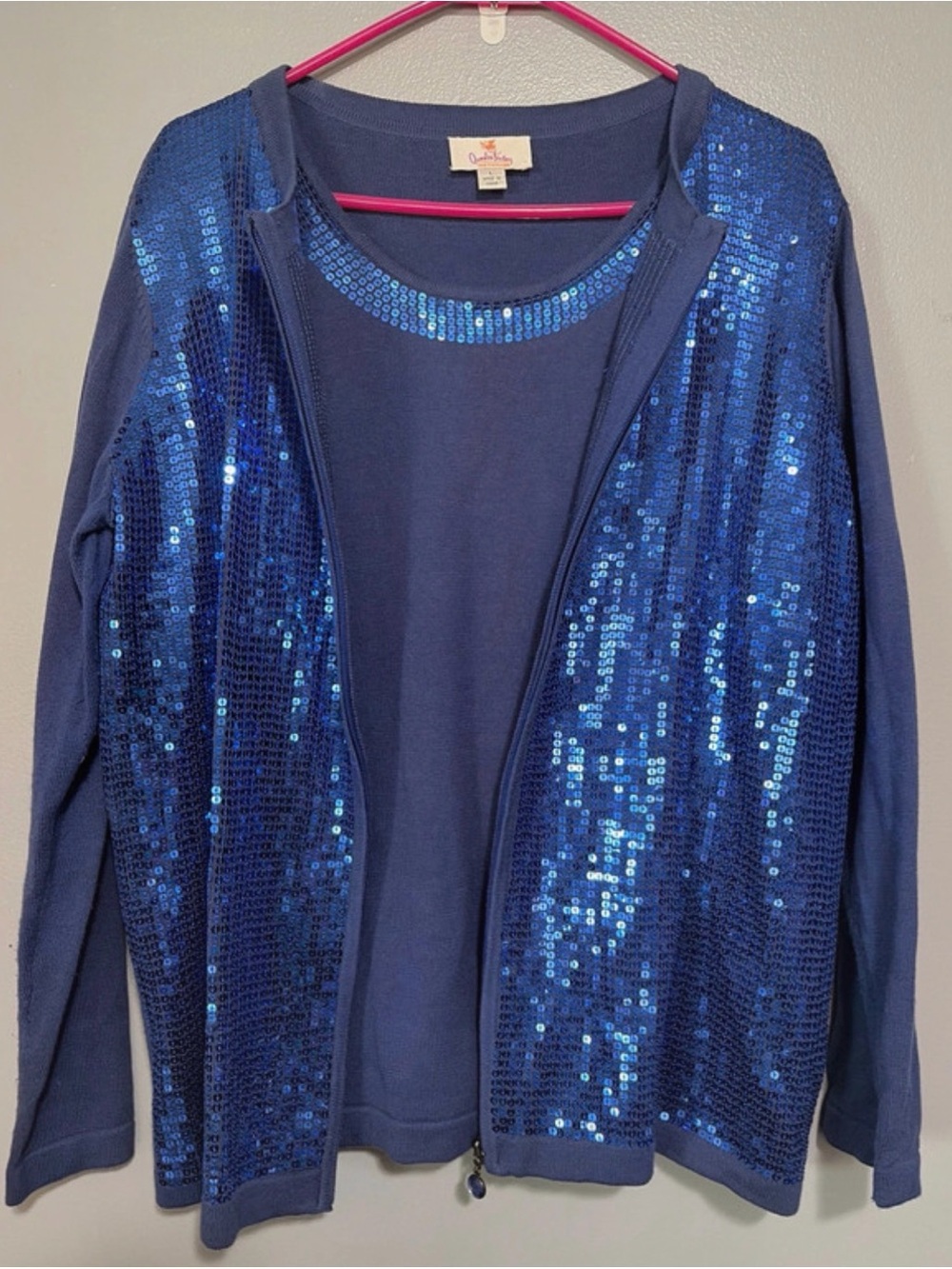 Quacker Factory Navy Sequin Zip-Front Jacket with undershirt like new large